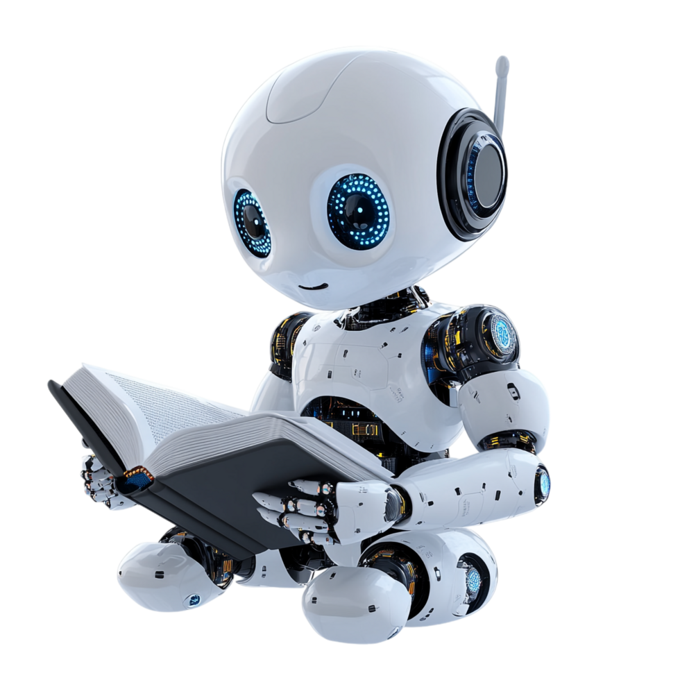 Ava, a friendly white and blue robot, reading a book